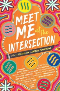 Front cover of Meet Me at the Intersection. Orange background with multiple swirling colours and white star-like images. The title 'Meet Me at the Intersection' is written across the top half in a white font.
